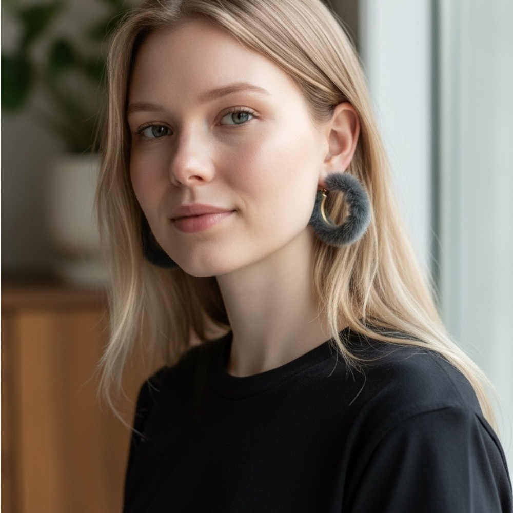Rabbit Fur Gray Hoop Earrings - Picture 2 of 5